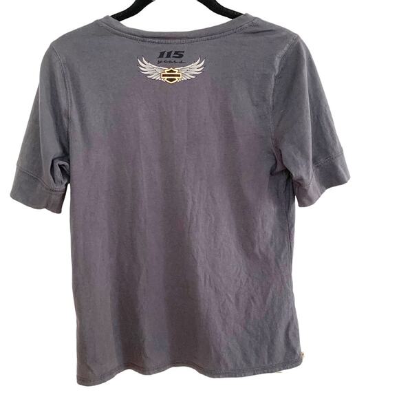 Harley Davidson Grey Split V Neck 115 Years Anniversary Logo Tee Medium - Picture 3 of 6